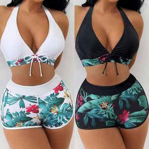 2024 Women's Split High Waist Flat Angle Lace Up Printed Solid Color Combination Sexy Swimwear