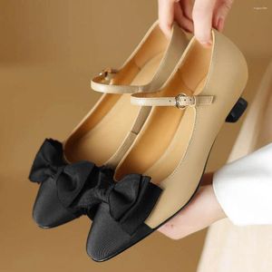 Dress Shoes Women's Genuine Leather Kitten Heel Black Top Sweet Bowtie Pumps Elegant Ladies Slim Daily Low Heeled For Woman Sale
