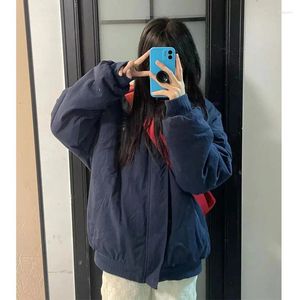 Women's Trench Coats Winter Blue Hooded Cotton Coat Loose Oversize American Retro Thickened Female Zipper Style Jacket
