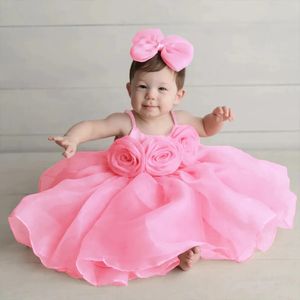 Big Flower Ceremonia Pink 1st Birthday Dress for Baby Girl Ubrania Chrzest Bow Księżniczka sukienki dziewczyny