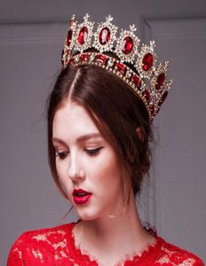 Retro Tiaras koronami Hair Akcesoria Duże europejska królewska korona Golden Crown Head imitacja Ruby Biżuter Wedding Tiara Korony HA7648066