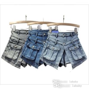 2024 novo verão denim mini saia shorts vestido feminino dobrável meados de cintura jeans carga saias curtas calças vestidos para mulher