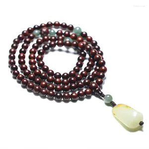 Strand natural pequena folha vermelho sândalo pulseira 108 contas budistas antigo tecido jóias masculino feminino pulseira um pingente de jade