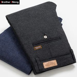 바지 2023 New Men 's Slim Casual Pants 패션 비즈니스 스트레치 바지 남성 브랜드 격자 무늬 팬드 블랙 블루