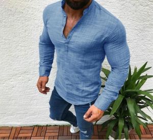 Artı Boyut Moda Erkek Uzun Kollu V Boyun Gömlek Üst Keten Gömlek Bluz Kesilmiş Yakalı Külot Erkek Beyaz Siyah Mavi Gri18374055