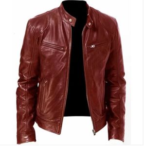 2023 Fashion Mens Leather Jacket Slim Fit Stand Collar PU MANA ANTIWIND MOTORCYCLE LAPEL Diagonal dragkedja Jackor Män 240223