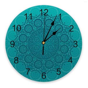 Wall Clocks Mandala Aqua Texture Kitchen Round Desktop Digital Clock Non-ticking Creative Childrens Room Watch