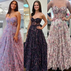 Floral Print Formal Party Dress 2k24 Strapless Ruffle Sheer Corset Lady Pageant Prom Evening Event Hoco Gala Cocktail Red Carpet Dance Gown Photoshoots Lilac Ivory