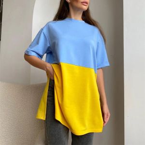 T-Shirt Summer Women Tee Tops Short Sleeve TShirt Round Collar Clothes Contrast Color Loose New Fashion Casual Side Slit Long T Shirt
