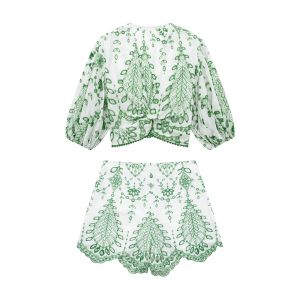 Shorts Traf New Women Fashion Green Flower Green Hollow Out RACGINATI SHATH Side Zipper Fly Shorts Hot Chic Pantalone Cortos