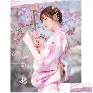 Giyim Setleri Etnik Giyim Kadınları Japon Geleneksel Kimono Pembe Renk Çiçek Baskıları Resmi Yukata Pogerografi Uzun Elbise Cosplay CO DHQ4F