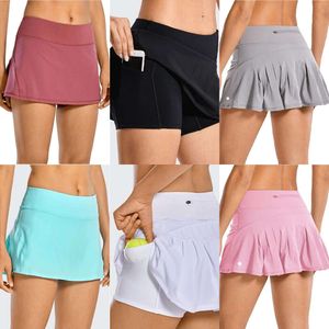 Lu Tenniskjolar veckade Yoga kjol Gymkläder Lu Kvinnor som kör Fiess Golf Pants Shorts Sport Back Midjan Pocket Pocket Lemon