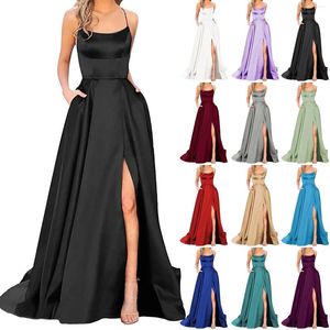 Abiti casual da donna abito da sera con spacco alto elegante backless lungo sexy in raso con cinturino per spaghetti abiti da ballo per feste femminili