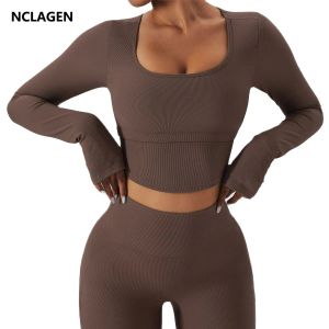 Nclagen Yoga-Oberteil, langärmelig, abnehmbares Brustpolster, Damen, quadratischer Ausschnitt, Fiess-Shirt, Fitnessstudio, Kleidung, Laufen, Daumenlöcher, Sportblusen