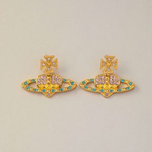orecchini viviennes westwood Qingdao Jewelry S925 Argento Ago Cuore Saturno Rosa Blu Orecchini con diamanti Design Orecchini a cuore