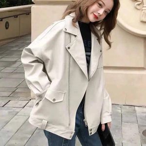 Damenjacken Frauen Koreanische lose sitzende PU-Baumwolle akademischen Stil Jacke weibliche Herbst Winter kurze V-Ausschnitt verdickte Leder Tops Mantel
