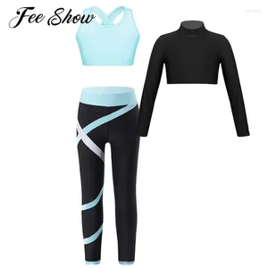 Clothing Sets Kids Girls Sports Yoga Running Long Sleeve Crop Top With Sleeveless Bra Colorblock Leggings Workout Fitness Tracksuits