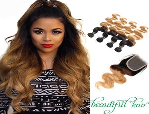 Ombre Brazylijskie dziewicze ciało Wavestraight Hair Blond Lace Closure z wiązkami 1B27 Ombre Human Hair Pakiet Lace Closure8478121