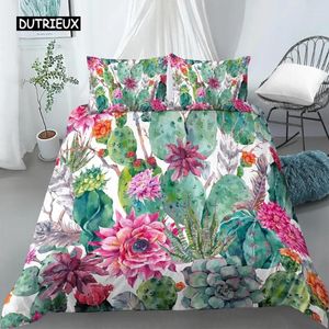 Set biancheria da letto Set copripiumino Cactus Queen Size Verde menta Giardino primaverile con bouquet stile Boho di fiori di piante spinose 2/3 pezzi