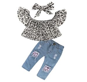 Nova moda infantil bebê meninas ombro de fora estampa de leopardo top destruído jeans rasgado bandana roupas infantis conjunto 6242983