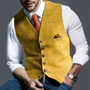 Vests Fashion Men's Casual Plaid tryckta ärmlösa västar Slim Form Formal Business Jacket Vintage Wool Herringbone Satin Waistcoat#G3