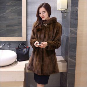 Haining Women's Imitation Medium Length Coat With Hat Whole Mink Artificial Fur 6836