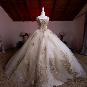 Champagne Crystal Beading Bow Ball Gown Quinceanera Dresses Sleeveless Appliques Lace Corset Vestidos De 15 Anos