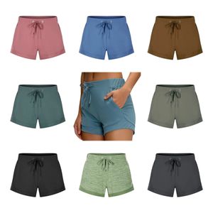 Lu Solid Color Nude Yoga Align Shorts Lu-64ハイウエストヒップタイト弾性トレーニング女性のホットパンツランニングスポーツバイカーゴルフテニストレーニングレギンス