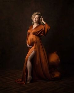 Umstandskleider Boho Umstandsfotografie-Requisiten Kleider mit V-Ausschnitt, freie Größe, verstellbar, weich, Schwangerschaft, Fotoshooting, Seitenschlitz für Babyparty, L240308