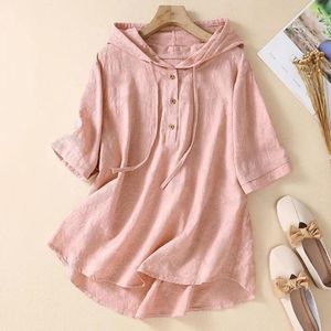 Blusas femininas textura macia topo feminino vintage meia manga camisas com capuz bordado solto blusa com detalhe de renda cordão