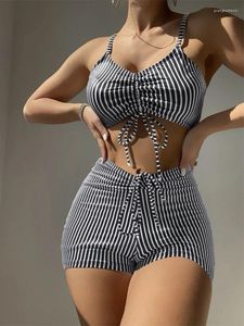 Mulheres Swimwear 2024 Stripe Imprimir Strapped Mulheres Sexy Cintura Alta Push Up Bikini Set Backless Swimsuit Verão Praia Banheira Terno