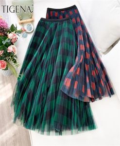 Tigena Green Red Red Long Plaid Tutu Tulle Skirt Women Fashion 2020 New Elegant a Line High Waist Maxi Skirt Memale LadiesLJ21048154