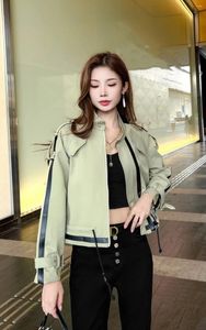 Women's Jackets Style Women Short Jacket Stand Collar Patchwork PU Leather Khaki Trench Streetwears Fashion Drawstring Army Green