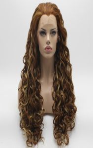 Iwona cabelo encaracolado longo três tons castanho-aloirado mix peruca 1830y27hy613 meia mão amarrada resistente ao calor renda sintética frontal diária na5472000