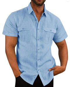 Camisas casuais masculinas de algodão linho homens de manga curta verão cor sólida colarinho estilo praia