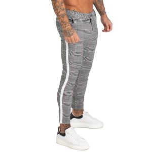 Pants GINGTTO Mens Jeans Brand Chinos Trousers Grey Plaid Skinny Pants for Men Side Stripe Stretchy Best Fitting Athletic Body zm355