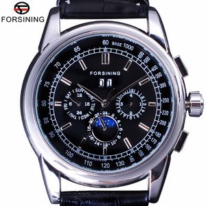 Forsining luxo fase da lua design shanghai movimento moda casual wear relógio automático escala dial relógio masculino marca superior luxo238b