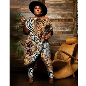 Plus Size Women Set Summer Patchwork Leopard Print Shirt och Pant Fashion Two Piece Jogger Set Lady Off Axla Outfit 240229