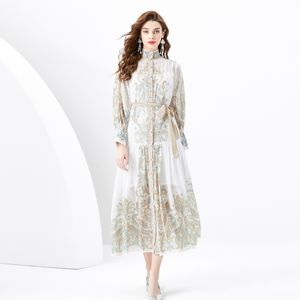 Maxi White Floral Womens Dress Stand Collar Long Sleeve Designer Printing Buttons Cardigan DressesLadies Sashes Bow Office Casual Party Robes Clothes Semester