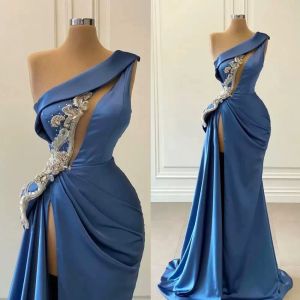 Prom Party Gown New Evening Dresses Crystal Custom Plus Size Formal Girls Pageant Beaded Satin Floor-Length Saudi Arabic One-Shoulder Sleeveless Muslim