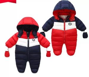 Bebê menino inverno pato para baixo snowsuit recém-nascido grosso outerwear macacão forro de lã neve wear com capuz macacão crianças roupas2517232