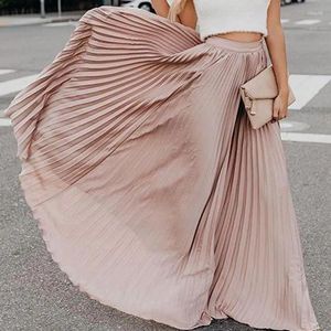 Skirts Elegant Women Retro Pleated Stretch High Waist Dress Flared Swing Long Maxi Skirt