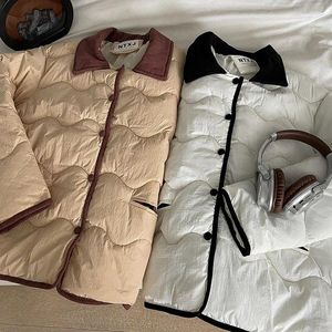 Women's Trench Coats Contrast Color Quilted Coat For Women Plaid Print Long Sleeve One Breasted Casual Cotton Jackets Female Fall Winter