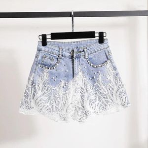 Women's Shorts Summer Beads Rhinestones Lace Flower Ladies Denim Women European High Waist Washed Pants Fashion Stretchy Jeans