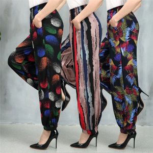 Capris 5xl harem calças vintage floral impresso perna larga calças verão feminino casual linho longo elegante calças de dança pantalon femme