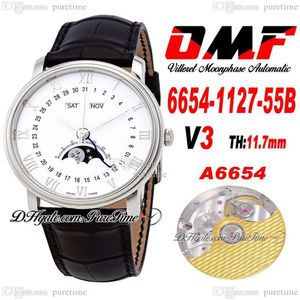 OMF Villeret Karmaşık Fonksiyon A6554 Otomatik Erkek Saat V3 40mm 6654-1127-55B Çelik Kılıf Beyaz Dials Gümüş Roman İşaretleri Blac2547