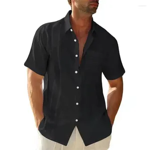 Camisas casuais masculinas verão lapela bolso cardigan camisa sólida algodão manga curta negócios laple para homem