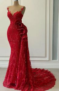 EBI Arabic Aso Red Luxurious Mermaid Evening Sheer Neck Prom Dresses Lace Pärled Formal Party Second Reception GOWNS ZJ493