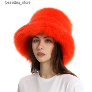 Breda randen hattar hink hattar faux päls hatt kvinnor elegant höst och vinter pälsfiskare hatt 2022 ny färg koreansk senior varm hink hatt l240305