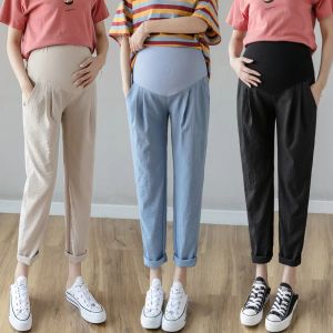 Capris Spring Autumnity Maternity Cotton Linen Pants妊娠妊娠まっすぐなまっすぐなゆるい腹パンツ妊婦のズボンのための服